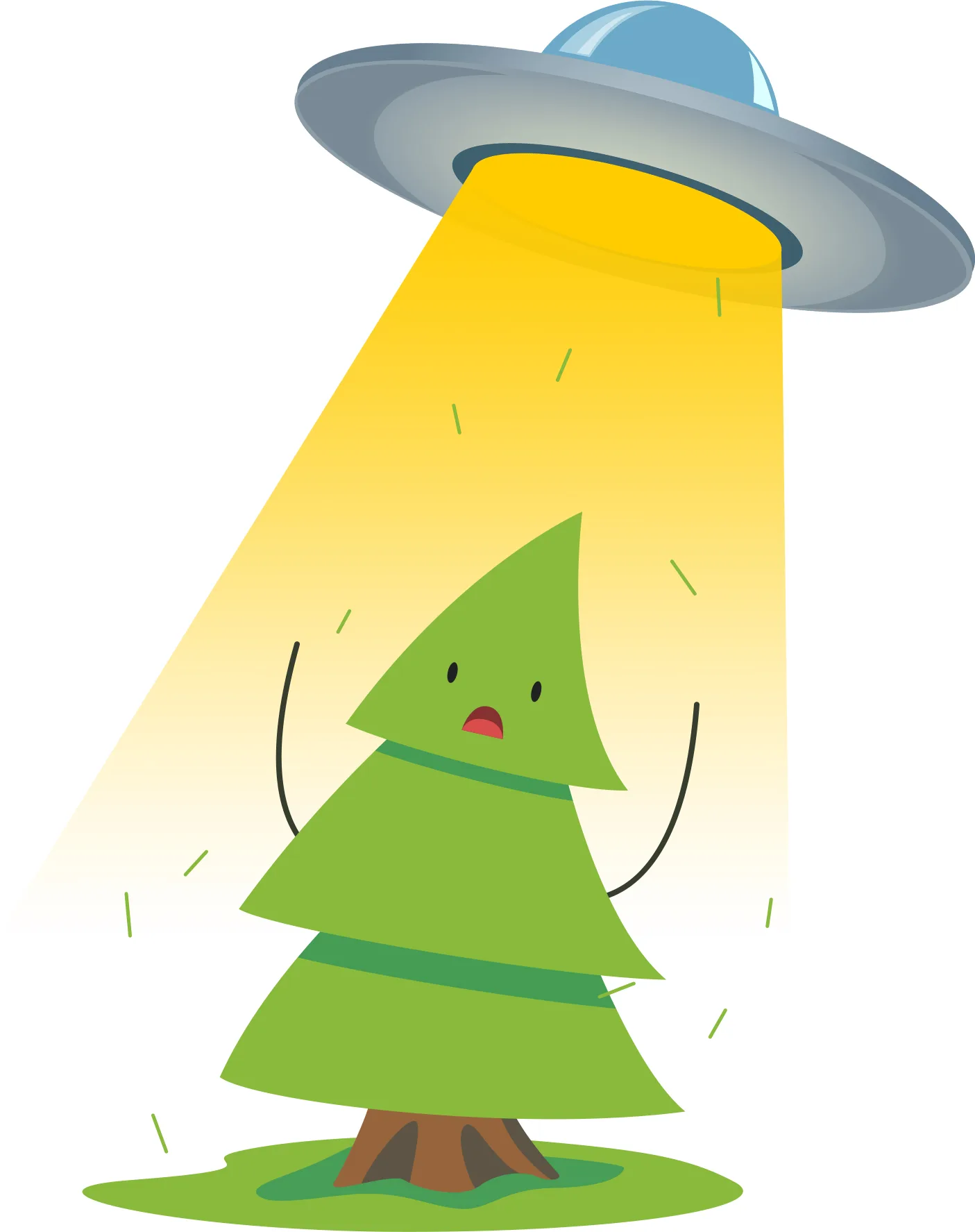 Imagen de la pagina error 404 en la que aparece un árbol siendo abducido por un ovni.